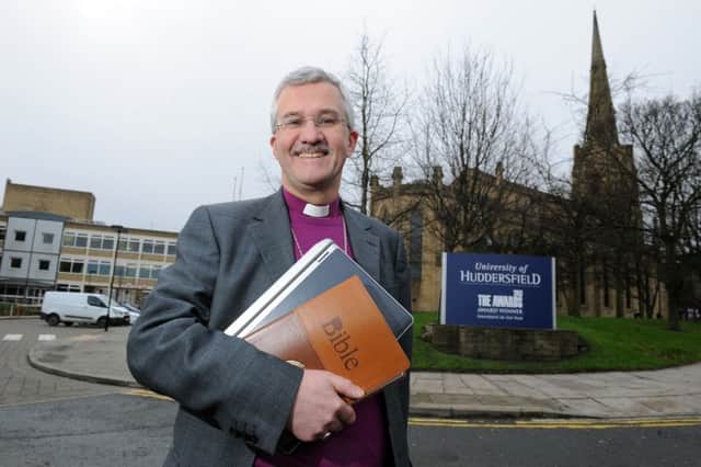 The Rt Rev Dr Jonathan Gibbs Bishop of Huddersfield arrives at Huddersfield at Huddersfield University where he has an office