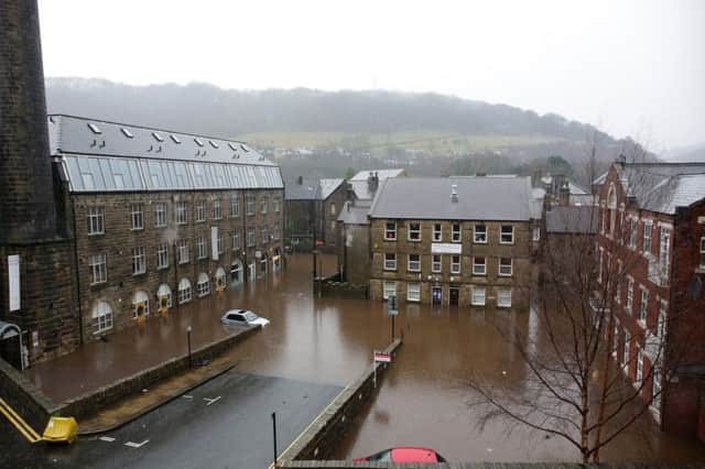 Boxing day flood in Hebden Bridge. Croft Mill car park, Albert Street.