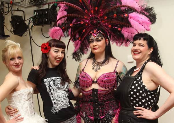Dancers Eliza Beau, Lady Wildflower, Raven Noir and Heidi Bang Tidy at Hebden Bridge Burlesque Festival in the town hall.