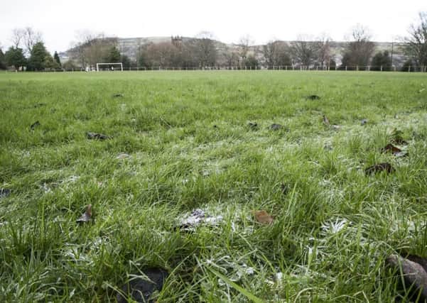 Frost on the ground at Shroggs Park football pitch.
