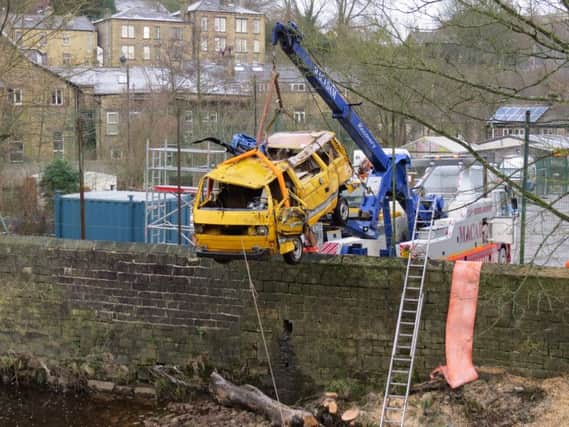 The minibus removal from the River Calder, Hebden Bridge. Picture by Calderdale Council
