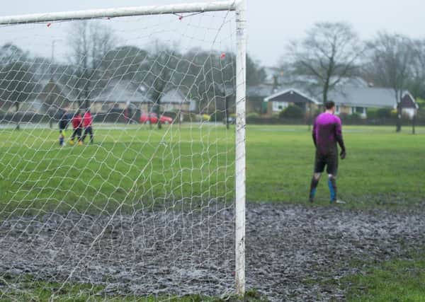 Actions from Sowerby Bridge reserves v Sowerby United reserves, at Savile Park. Pictured is a rather muddy goal mouth