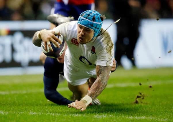 Jack Nowell scores his side's second try during the 2016 RBS Six Nations match at BT Murrayfield Stadium.