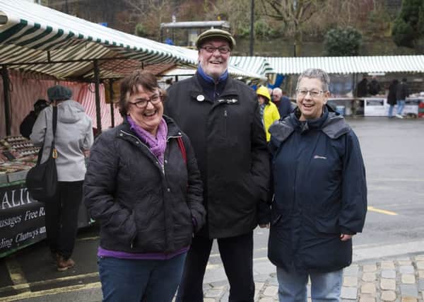 At the Sunday market at Lees Yard,  Councillor Janet Battye, Councillor Dave Young and Councillor Ali Miles