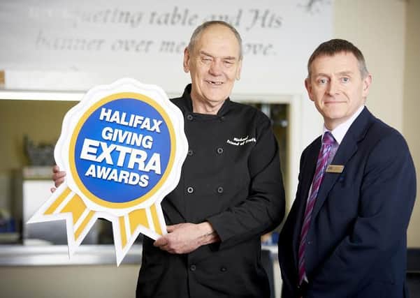 20160201 Copyright onEdition 2016?
Free for editorial use image, please credit: onEdition

Michael Parkes celebrates winning the local Halifax Giving Extra Awards for West Yorkshire.

right: Halifax Community Ambassador, Jonathan Wales

Following the success of the Halifax Giving Extra Awards over the last two years, Halifax sought to recognise even more people who always go 'above and beyond' to help others. The Giving Extra Awards programme is a UK-wide search for people who go the extra mile to give something back.

For more information please contact: Halifax@fourcommunications.com

If you require a higher resolution image or you have any other onEdition photographic enquiries, please contact onEdition on 0845 900 2 900 or email info@onEdition.com
This image is copyright onEdition 2015?.
This image has been supplied by onEdition and must be credited onEdition. The author is asserting his full Moral rights in relation to the publication of this image. Rights for onward transmission of any image or file is