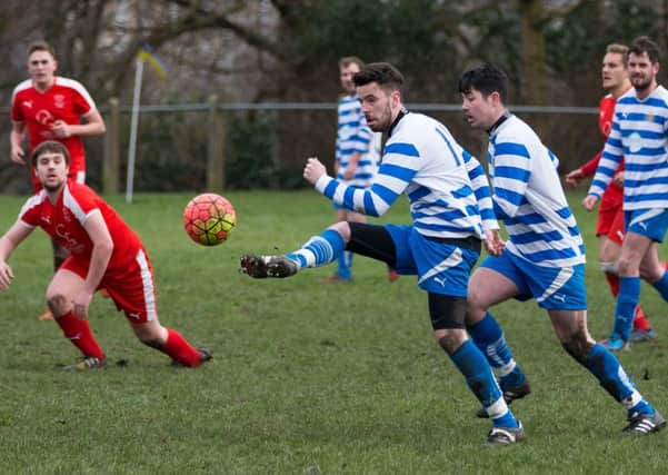 Actions from Warley Rangers v Hebden Royd Red Star, at Shroggs Park. Pictured is Joe McGinley