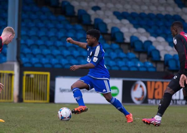Actions from Halifax Town v Gateshead, at the Shay Stadium, Halifax. Shaquille McDonald