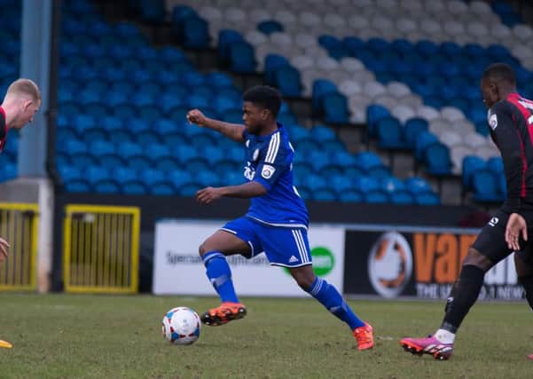 Actions from Halifax Town v Gateshead, at the Shay Stadium, Halifax. Shaquille McDonald