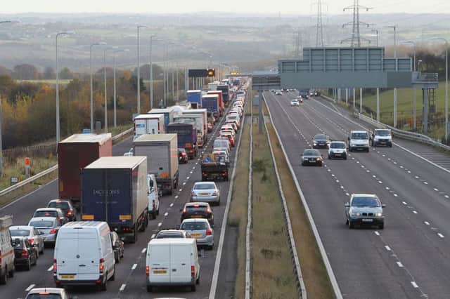Traffic queues after RTA on M62 near Brighouse.