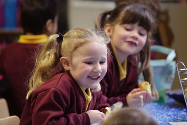 Old Earth School Ofsted. Four-year-olds Isla Steele and Miley Denton.