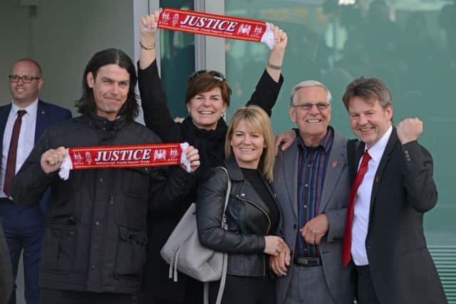 Families of the 96 victims that died at the Hillsborough disaster on the 15th April 1989 celebrate the verdict given at Birchwood coroners court in Birchwood, Mersey., as they finally leave for the final day. A jury found that the 96 fans were unlawfully killed.