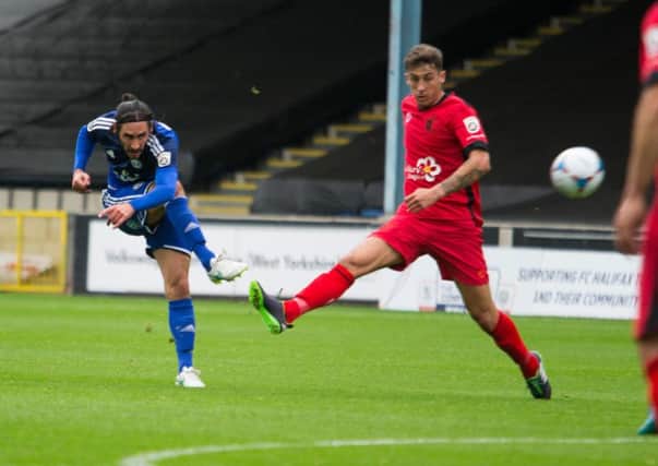 Actions from Halifax Town v Barrow, at the Shay. Danny Racchi