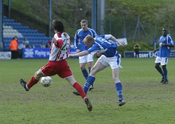 Town's Andy Campbell shoots at goal in Halifax's 2-1 defeat to Stevenage in 2008.