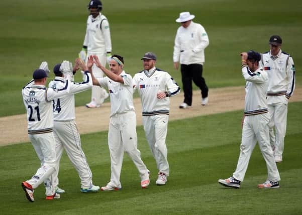 Yorkshire's Jack Brooks celebrates taking the wicket of Warwickshire's Ian Westwood at Edgbaston. Picture: PA.