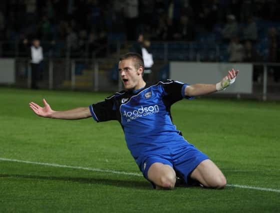 Actions from the game FC Halifax Town v Colwyn Bay at the Shay
Pictured is Jamie Vardy goal