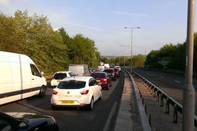 Long traffic queues on the A629 Calderdale Way bypass between Ainley Top and Elland
