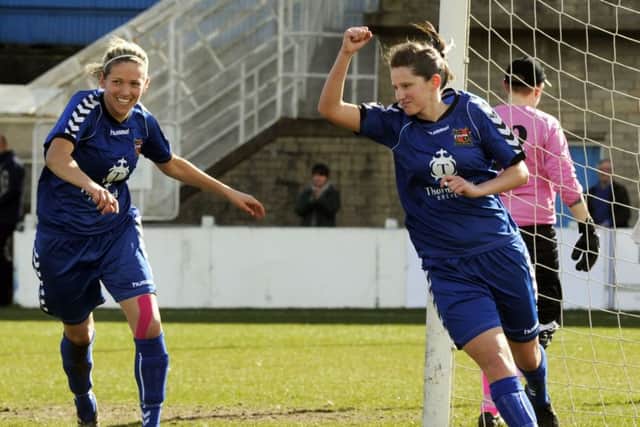 Abbie McManus (right) celebrates her goal in the Womens Challenge Cup Final for Sheffield FC Ladies in 2014.