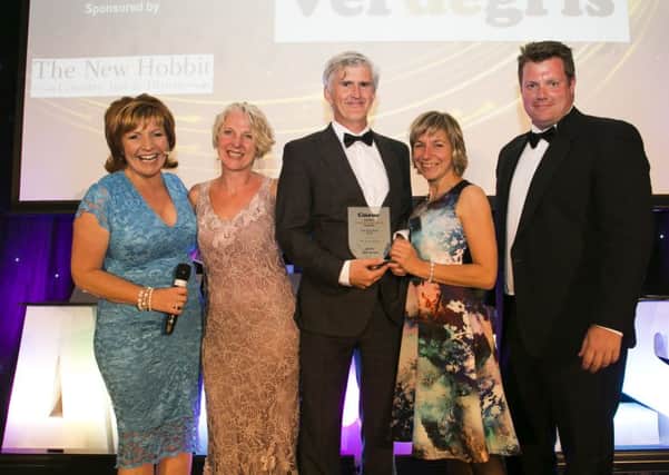 Halifax Courier Community Spirit Awards 2015 at Berties, Elland. Arts and Culture Award. From the left, host Clare Frisby, winners from Verd de Gris Sharod Marsden, Jeff Turner, Natalie Speake and sponsor from The New \Hobbit Chris Smith.