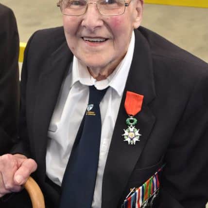 Legion d'Honneur medals presented to 21 Normandy Veterans at Yorkshire Air Museum on Sunday 22nd May, 2016. Pictured is Willie Riley of Brighouse, who recieved the medal from Colonel Bruno Cunat, French Liasion Officer to the Ministry of Defence. Picture David Harrison/ Yorkshire Air Museum.
(Private, Medical Orderley, attached to 34th Field Dressing Station. Landed Juno beach D-Day in support of Canadian 3rd Division. Served with the unit until Christmas 1944.)