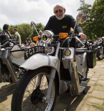 Rotary Club of Sowerby Bridge host Classic Bike and Scooter Show at Shire Cruises Wharf, Sowerby Bridge. Brian Mason with his Vellocette LE.