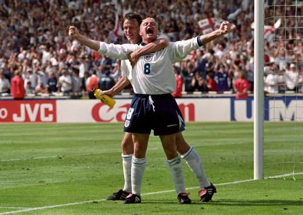 Gazza celebrates his crucial goal against Scotland in 1996.