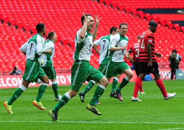FA Trophy Final at Wembley Stadium.
North Ferriby United v Wrexham.
Ferriby's Liam King scores to make it 2-1.
29th March 2015.
Picture Jonathan Gawthorpe.