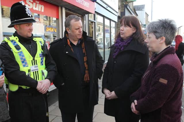 Police and Crime Commissioner Mark Burns-Williamson with Chris Madden, Anne Colley and Lesley Adams in Brighouse.