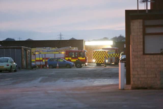Fire engines at Brow Mills Industrial Estate, Hipperholme.