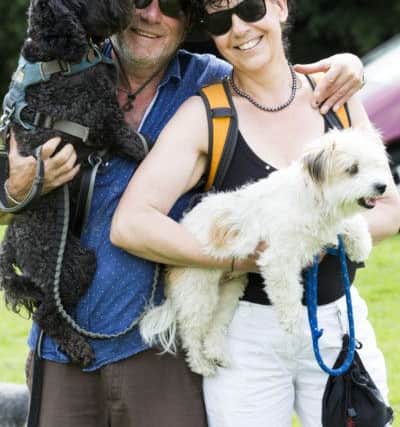 Happy Hounds, Calder Holmes Park, Hebden Bridge. Brian and Louise Toberman with Bella and Maisie.