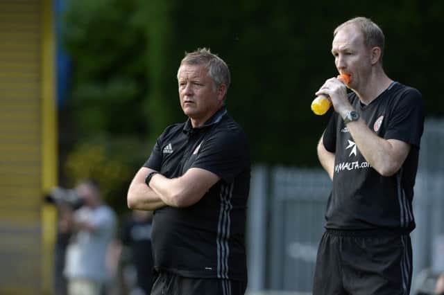 Sheffield United manager Chris Wilder and assistant Alan Knill.
FC Halifax Town v Sheffield United.  Pre-season friendly.  19 July 2016. Picture Bruce Rollinson