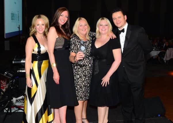 Sky presenter Juliet Mann with Valerie Holmes, Rachel Gough, and Yvonne Hirons from Property Portal who sponsored the LFS Best Small Conveyancing Firm in the North 2016 Award.