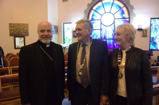 Bishop Marcus Stock with Hebden Royd Mayor Tony Hodgins and Mayoress Hazel Scriven
