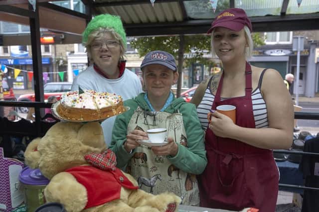 Coffee and Cakes for Macmillan at Sowerby Bridge Market. Caroline Pell, Natalie Heaton and Leah Holroyd.