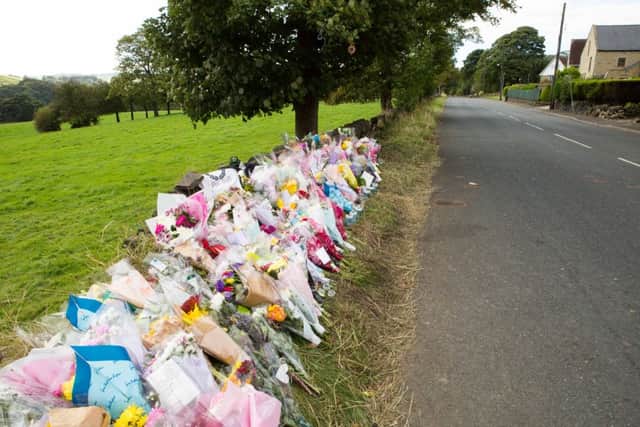 Flowers at the scene of fatal accident, Saddleworth Road, Greetland