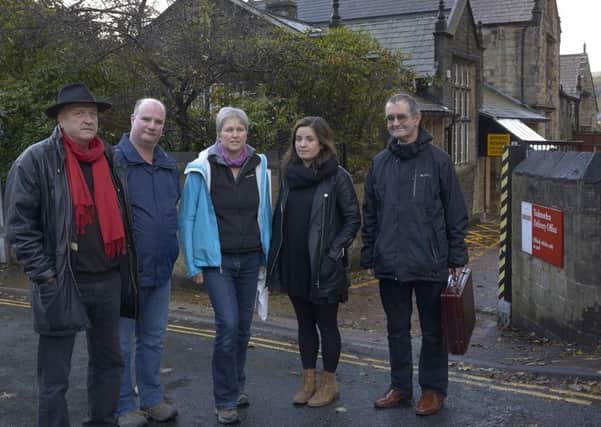 Todmorden delivery and sorting office. Coun David Tattersall, Mike Hatfield, Diana Tremayne, Beth Paramor and Andt Hollis.