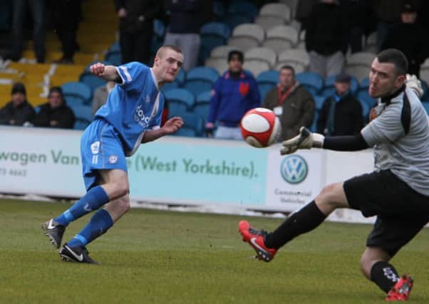 Actions from the game FC Halifax Town v FC United of Manchester at the Shay, Halifax.
Pictured is Jamie Vardy