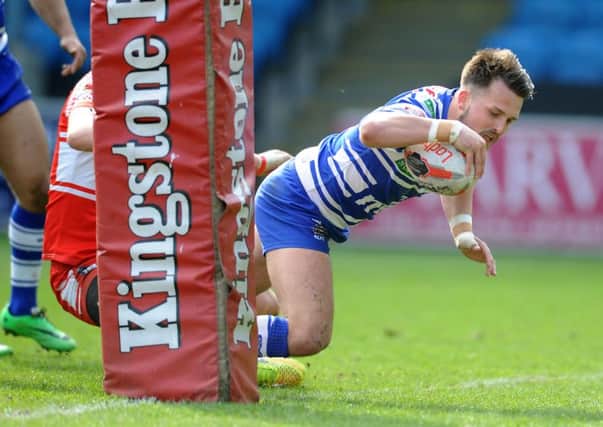 Date:17th April 2016. Picture James Hardisty.
Halifax RLFC v Castleford Lock Lane, Ladbrokes Challenge Cup. Pictured Halifax Gareth Moore, scoring a try.