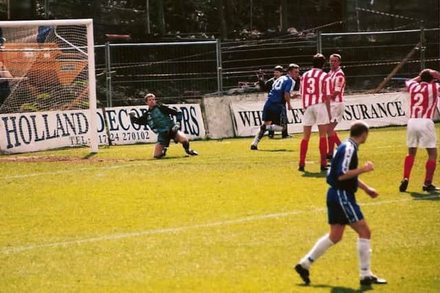 Horsfield scores at home to Cheltenham in April 1998