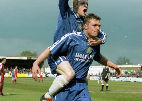 Geoff Horsfield and Jamie Patterson celebrate winning at Kidderminster where Halifax Town clinched the Vauxhall Conference title in 1998