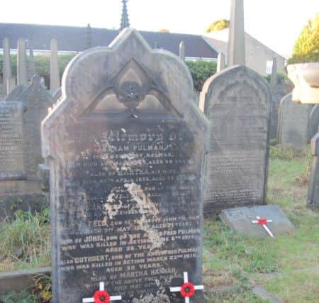 Pulman story, Nostsalgia. Abram Pulman stone at Lister Lane Cemetery, Halifax, reerected; commemorates four generations of the Pulman family. All Great War graves have pppy crosses. 2016