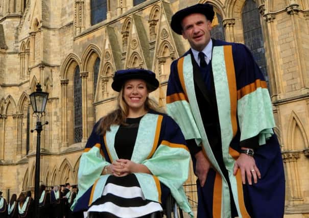 161116   Hannah Cockcroft and Jamie Peacock getting ready to receive their Honorary Doctor of Health Sciences degrees from York St John University at a ceremony at York Minster .
