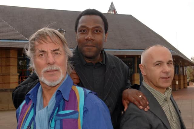2/10/08 Lenny Henry  outside the West Yorkshire Playhouse in Leeds yesterday(thurs) , where he is to play Othello  from next February, pictured with Barrie Rutter (left) who is Directing the play and  Ian Brown the Artistic Director.
