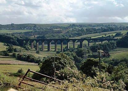 Distant view of Hewenden Viaduct from Aire-Calder Link