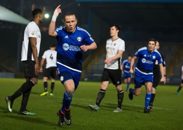 Second half actions from FC Halifax Town v Salford City, at The Shay