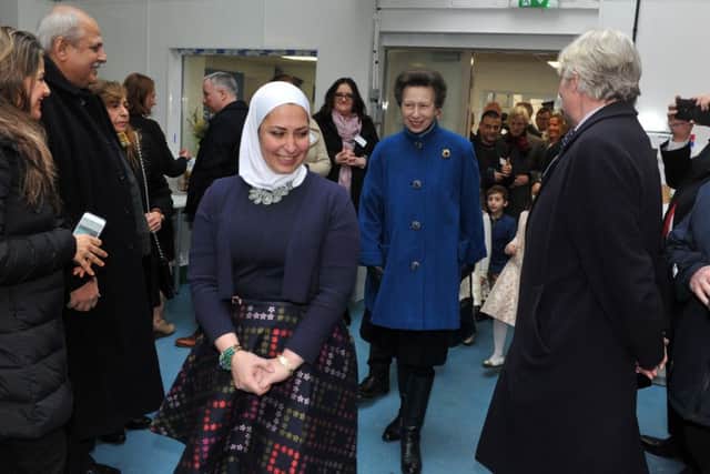 24 January 2017 .......    HRH The Princess Royal visiting Syrian refugee Razan Alsous who set up Yorkshire Dama Cheese, in their new premises in Sowerby Bridge. Picture Tony Johnson