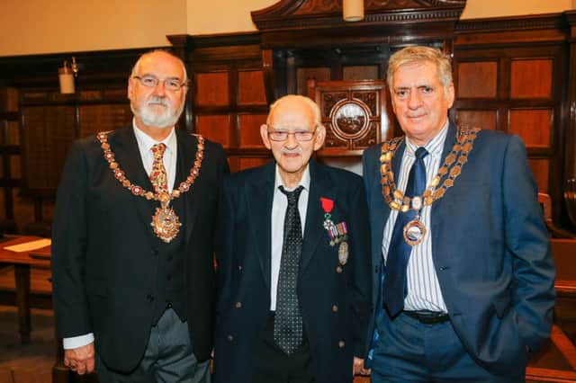 William Birch, with the Mayors of Todmorden and Hebden Royd . Pictures by Craig Shaw/Blu Planet Photography