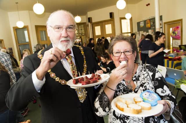 3 Valley Vegans fair at Central Methodist Church, Todmorden. Mayor and Mayoress of Todmorden councillor Tony Greenwood and Vivianne Oakes, who have pledged to go vegan for a month.
