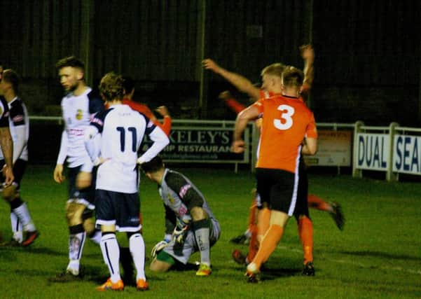 Brighouse Town v Tadcaster Albion
 Greg Pearson no 3 with Ben Wharton arms up celebrating town goal