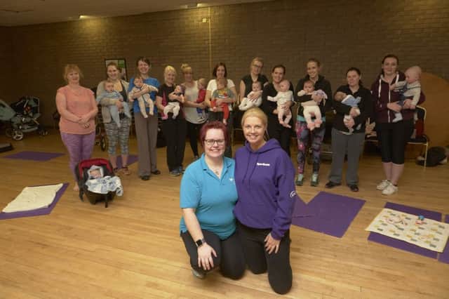 Fitness class for new mums and their babies at NBLC, Halifax with Alex Knibbs and Karen Beasley.