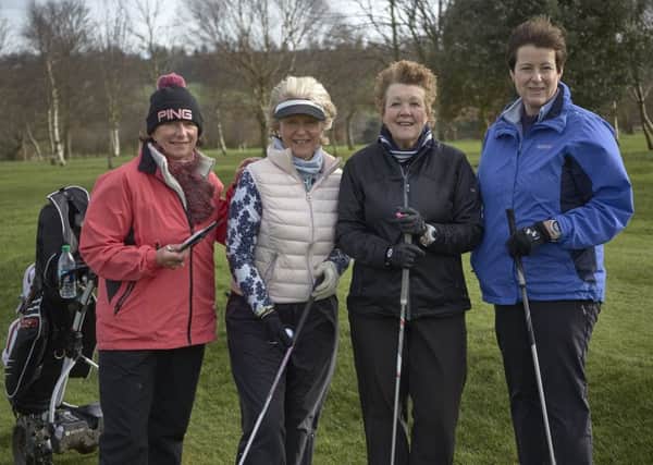 Huddersfield-Halifax Ladies Winter League at Bradley Hall, West Vale. Judith Crowther and Karen Tyler from Lightcliffe with Lynda Williams and Sue Smallburn from Bradley Hall.